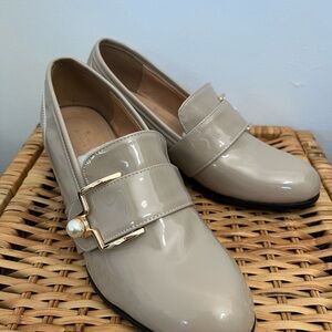 Chic Beige Patent Loafers with Pearl Accent
